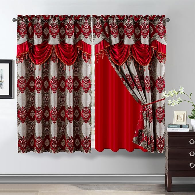 Petrichor Elegant Curtains with Gold Silver Threads 2 Panels Set - Luxury Window Treatment Attached Valance, Sheer Backing, and 2 Tie Backs for Bedroom and Living Room, 54x63 inches, Red