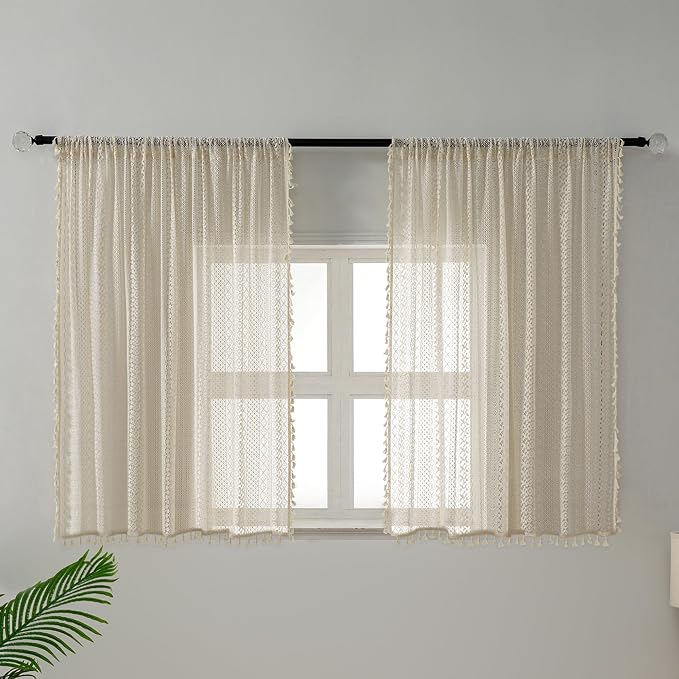 WAZZIO Boho Lace Curtains 45 Inches 2 Panel,Light Filtering Privacy Tassel & Geometry Crochet Semi Sheer Curtain Drapes for Bedroom Living Dining Room,Rod Pocket & Tassel,Vintage French Country,Beige