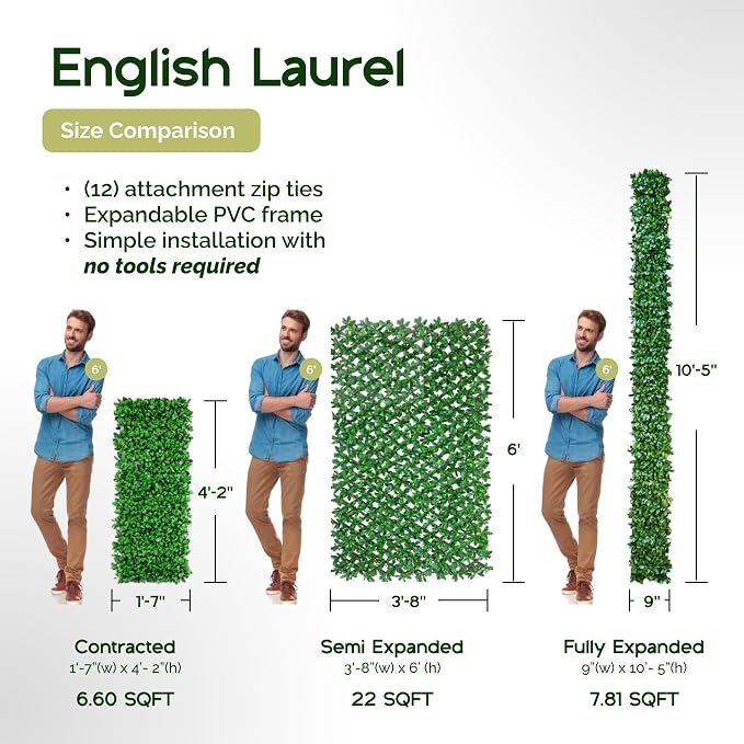 NatraHedge 20''X50'' Artificial Privacy Grass Wall Decor, Laurel Leaf | Faux Trellis, Expandable lattice Panels for Indoor, Outdoor, Garden And Balcony Greenery Wall Fence Screen | UV Resistant