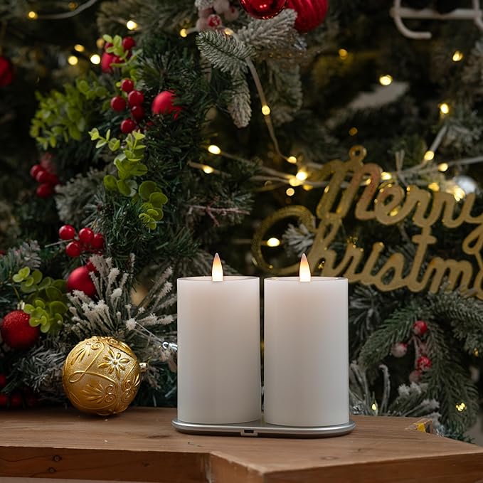 Real Wax Rechargeable Flameless Pillar Candle with Remote Timer, White 3D Moving Flame Led Pillar Candles (3"x5")