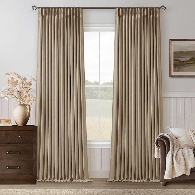 Light Brown Blackout Linen Curtains 105 Inches Long for Bedroom Pinch Pleated Black Out Curtains Lined 2 Layers Memory Shape Noise Reducing Rustic Farmhouse Living Room Darkening Window Drapes