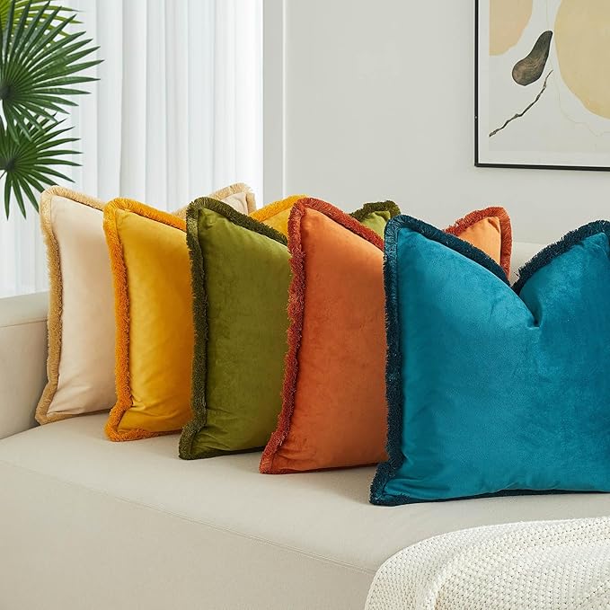 JUSPURBET Rust Velvet Throw Pillow Covers 16x16 Inch Set of 2 with Soft Tassel Fringe Luxury Boho Pillowcase for Sofa Couch Bed Home Decor Machine Washable