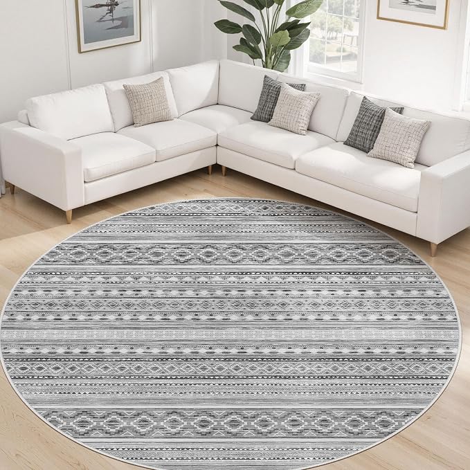 cotiled 8x8 Round Area Rugs Living Room Rug: Washable Boho Rugs with Non Slip Backing Large Soft Indoor Stain Resistant Carpet for Bedroom Farmhouse Dining Room Lightweight Home Decor Beige Grey