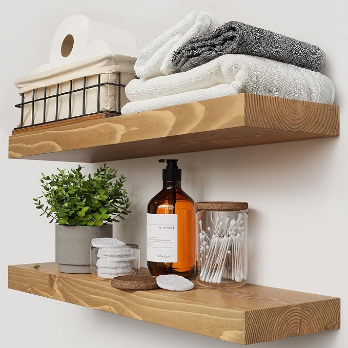 Natural Wood Floating Shelves for Wall 24 inch Oak, Wooden Bathroom Shelf | Solid Wood, Wall Mounted, Kitchen Bedroom Living Room, Rustic Farmhouse, Oak Finish, 24 x 6.7 Inch, Set of 2