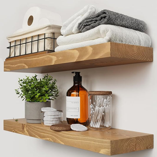Natural Wood Floating Shelves for Wall 24 inch Oak, Wooden Bathroom Shelf | Solid Wood, Wall Mounted, Kitchen Bedroom Living Room, Rustic Farmhouse, Oak Finish, 24 x 6.7 Inch, Set of 2