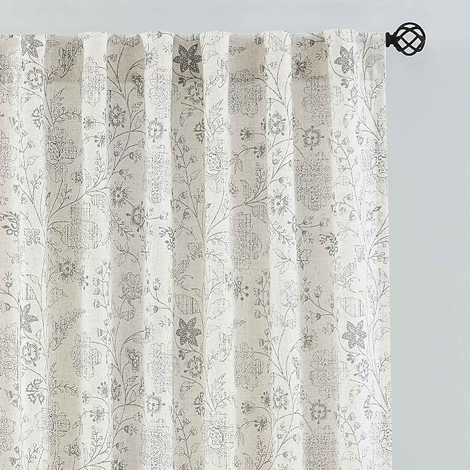 Vision Home Floral Linen Curtains 84 inch Long Rod Pocket Back Tab Farmhouse Light Filtering Botanical Print Window Curtains for Living Room Bedroom Semi Sheer Drapes Gray on Beige 2 Panels,54"Wx84"L