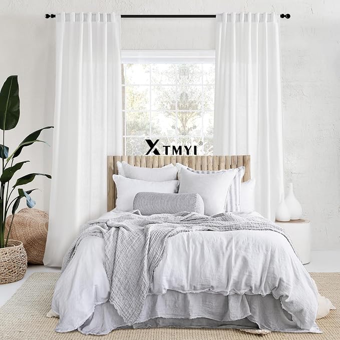 XTMYI 86 Inch Long White Linen Curtains, Semi Sheer Light Filtering Drapes for Bedroom Living Room 2 Panels Set