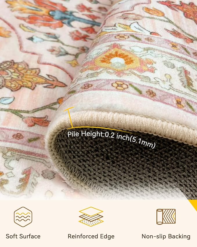 RELEANY Area Rugs 7'x10' Washable Non-Slip, Floral Vintage Distress Medallion Carpet for Living Room Bedroom Dining Room, Light Pink Colorful