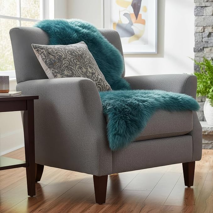 Beach Blue Genuine Sheepskin Rug 2x3 ft, Real Fluffy Single Pelt Fur Accent Rug for Chair, Seat Cover, Nursery & Home Decor, Natural & Soft Shaggy Throw