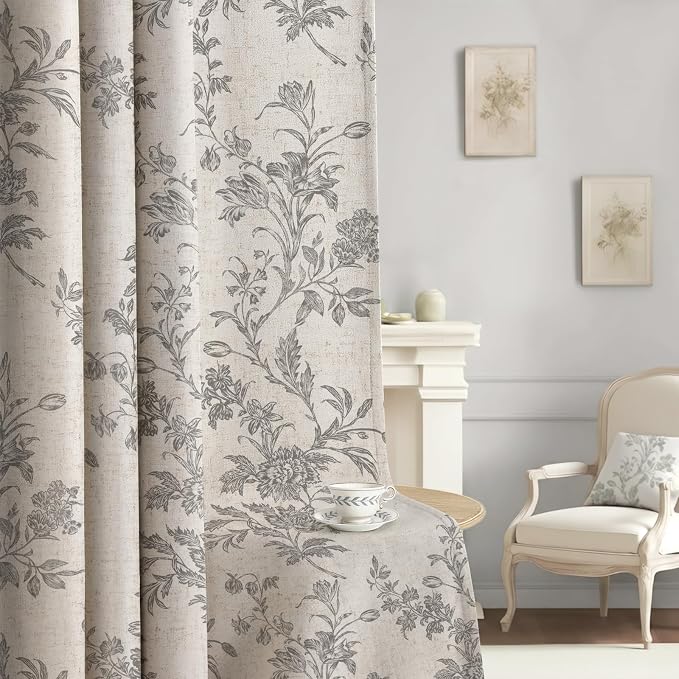 Grey Floral 100% Blackout Curtains for Bedroom 84 Inch Length 2 Panels Set, Linen Texture Farmhouse Curtains for Living Room