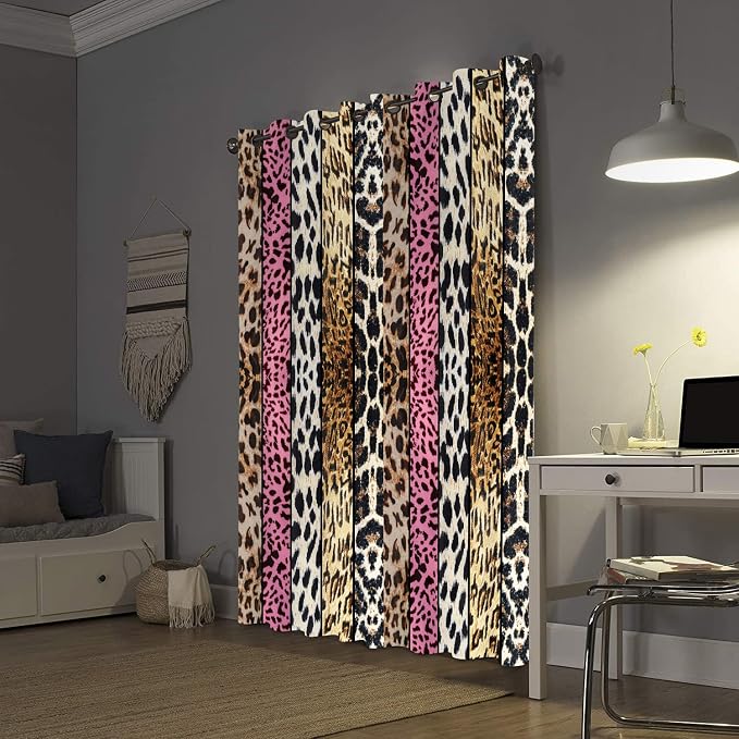 Wild Animal Print Curtain, Room Darkening Thermal Insulated Blackout Leopard Boa Window Drapes with Grommets for Living, Dining, Bedroom, Pink Leopard Print, 52"x 84", 2 Panels