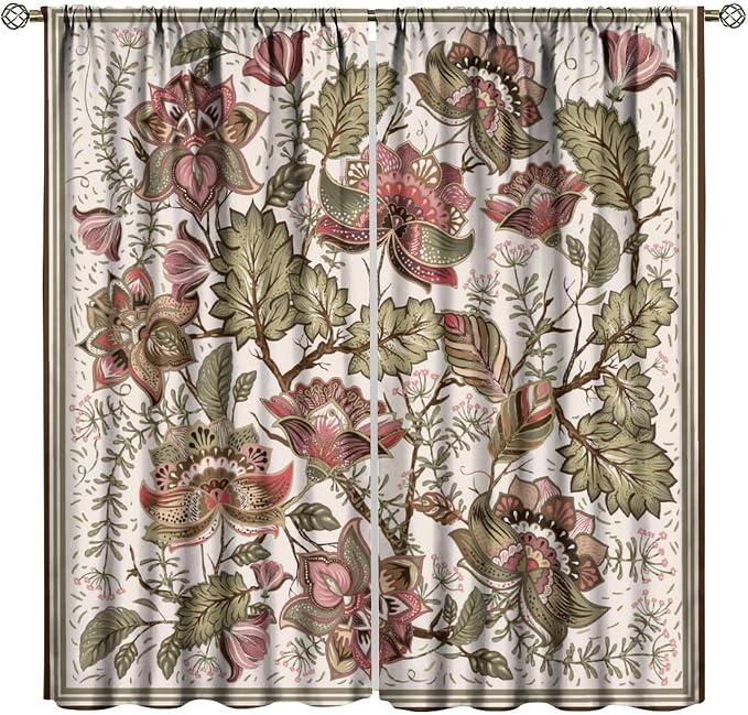 Vintage Floral Blackout Curtains, Bohemian Plant and Leaf Print, Blackout and Insulated Curtains for Bedrooms, Living Rooms, and Darkrooms63X72 Inch