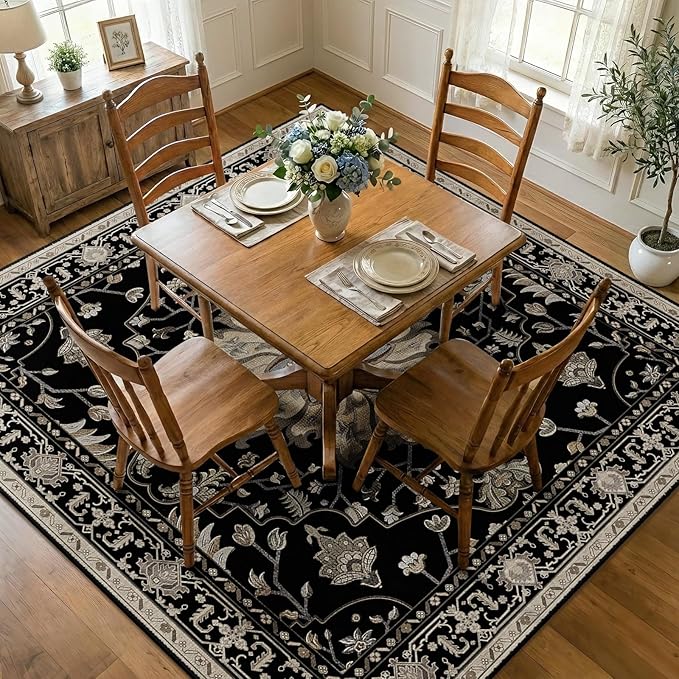 RELEANY Area Rugs Square 8ft Washable Non-Slip, Floral Vintage Distress Medallion Carpet for Living Room Bedroom Dining Room, Black Brown Neutral Dark Tan