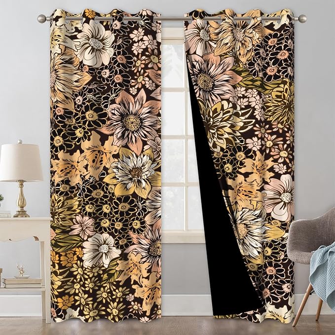 Boho Floral Blackout Curtains for Bedroom with Curtain Tiebacks, 84 Inch Long Black Out Window Drapes 2 Panels Set, Farmhouse Patterned Thermal Soundproof Privacy Grommet Living Room Curtains