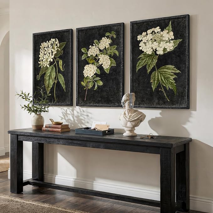 Vintage Framed Hydrangea Floral Wall Art for Living Room, 3 Piece Large Retro Botanical Canvas Print Paintings, Dark Black Classic Flower Pictures Artwork Decor for Bedroom Hallway 24x36 Inch