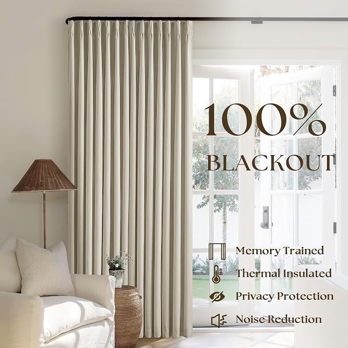 Burlywood Birch Pinch Pleated Full Blackout Curtains Linen Blend Room Darkening Window Curtains 86 Inch for Living Room Bedroom Thermal Insulated Back Tab Pinch Pleat Drapes with Hooks Rings 2 Panels