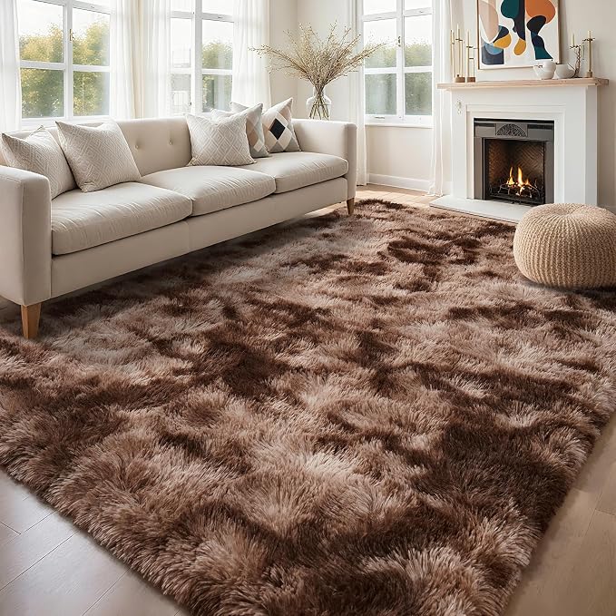 AROGAN Shag Brown Area Rug for Bedroom, 4x6 Feet Washable Non-Slip Modern Indoor Floor Carpet, Plush Memory Foam Beside Rug for Kids Girls Teens Room Low Pile Decor, Coffee