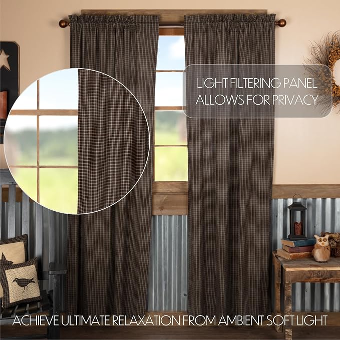 VHC Brands Kettle Grove Plaid Panel Scalloped Set of 2 84x40 Country Curtains, Country Black