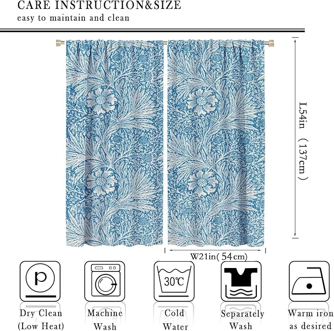 Bohe Vintage Floral Blackout Windows Curtains, William Morris Original Design Blue Flower Pattern Rod Pocket Curtains, for Living Room Bedroom 21(W)*54(L) 2 Panels