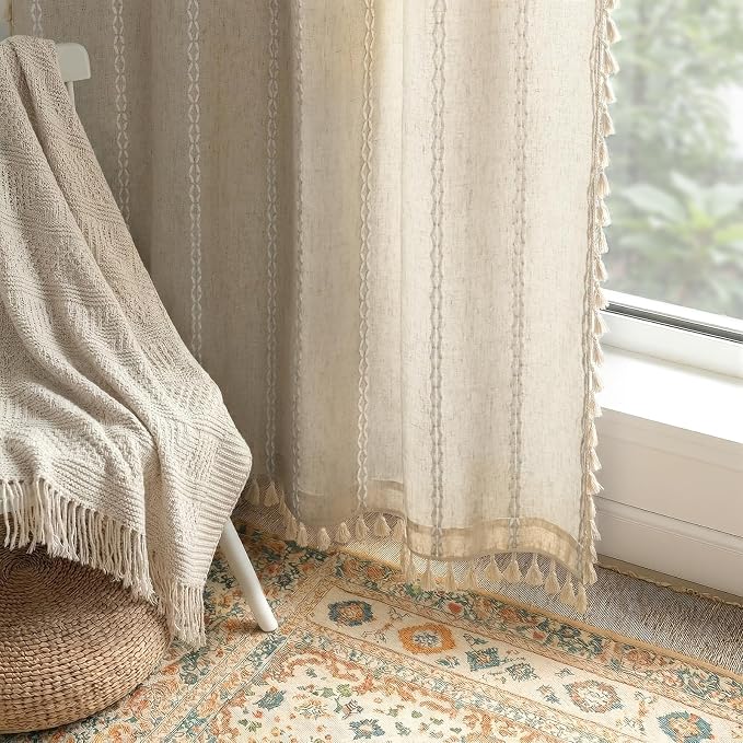 Boho Light Filtering Curtains 63 Inches Long Beige Linen Blend 2 Panels with Tassels and Cotton Embroidery, Farmhouse Vintage Rustic Rod Pocket Drapes for Living Room or Bedroom
