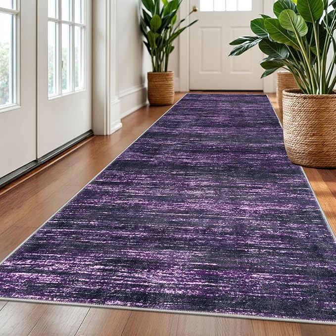SIILOOM 3x10 Modern Abstract Runner Rug for Hallways, Purple White Super Soft Hallway Decor Kitchen Rugs with Non-Slip, Non-Shedding Washable Rug for Entryway Bedroom Indoor