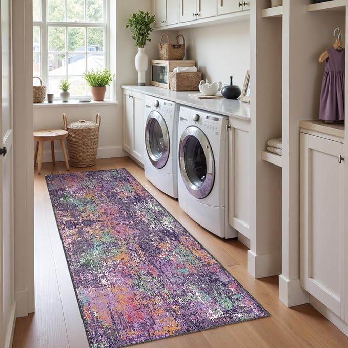 RELEANY Washable Area Rugs 2'x8' Non-Slip Modern Abstract Soft for Living Room Entryway Bedroom Kitchen, Print Pattern, Purple Orange Blue Green Rust Red Colorful