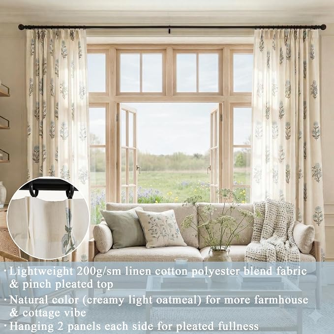 72 Inch Floral Linen Sheer Curtains, Light Filtering Farmhouse Block Print Pattern Pinch Pleat Drapes for Living Room Bedroom 2 Panel Set 38x72 in Long