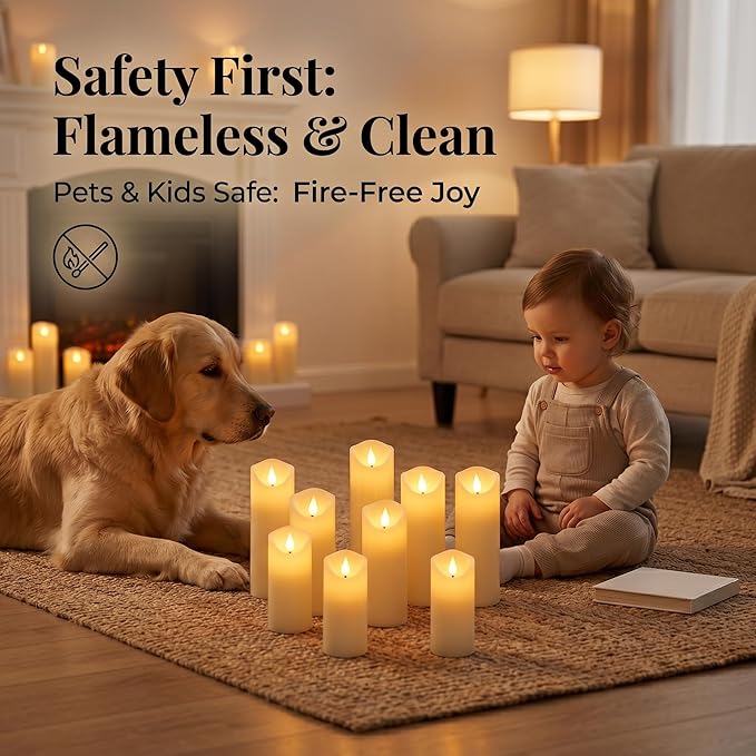 Enido 9pcs Flameless Candles with Remote, 2.2" x 5/6/7" Heat-Resistant Plastic LED Pillar Candles, Battery Operated Moving Wick Fake Candles with Timer, Realistic for Wedding, Outdoor, Home Decor