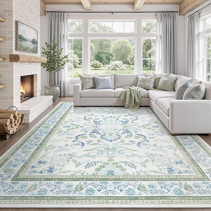DCX Green 10x14 Rug, Kid & Pet Friendly with Rubber Back Non Slip, Machine Washable Stain Resistant Botanical Floral Rug for Living Room, Bedroom, Soft Low Pile Large Nursery Carpet