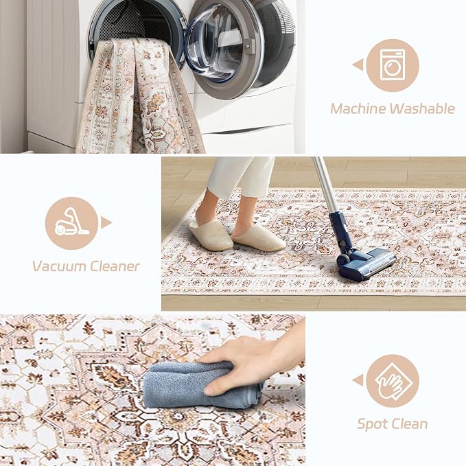 Madane Washable Runner Rugs 2x12 Long for Hallway Kitchen Soft, Pink | Non-Slip Vintage Printed 12ft Rug Runners with Rubber Backing, Low-Pile Floor Carpet Laundry Room Entryway, Corridor