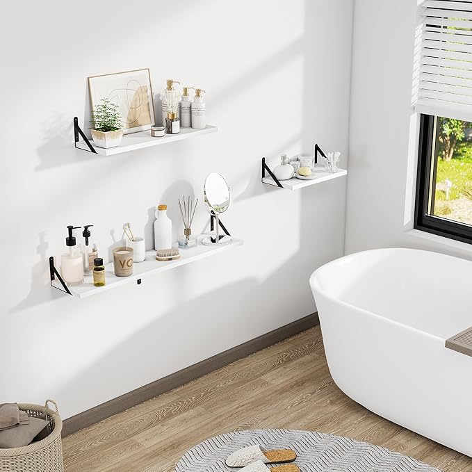 Dreamland Deep Floating Shelves for Wall, 30W x 8D Wall Shelves, Set of 2, 30 inch Floating Shelf with Sturdy Metal Brackets for Living Room, Bathroom, Bedroom and Kitchen, White
