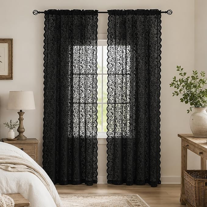 ALIGOGO Black Sheer Lace Curtains 96 inches Long Victorian Gothic Curtain Panels with Paisley Floral Patterns Retro Curtains for Living Room Halloween Decor Set of 2 52 x 96 Inch Black