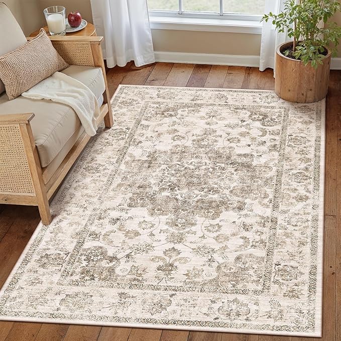 3x5 Washable Neutral Area Rug Brown Vintage Entryway Office Carpet Non-Slip Soft Low Pile Farmhouse Throw Rug for Entrance Living Room Bathroom Dining Room