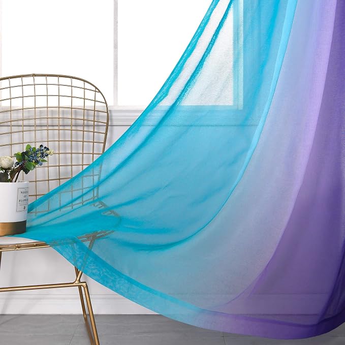 KOUFALL Short Sheer Curtains 45 Inch Length for Bathroom Decor Set of 2 Panels Rod Pocket Half Small Ombre Rainbow Colorful Curtains for Kitchen Windows Bedroom Light Purple and Aqua Teal Turquoise