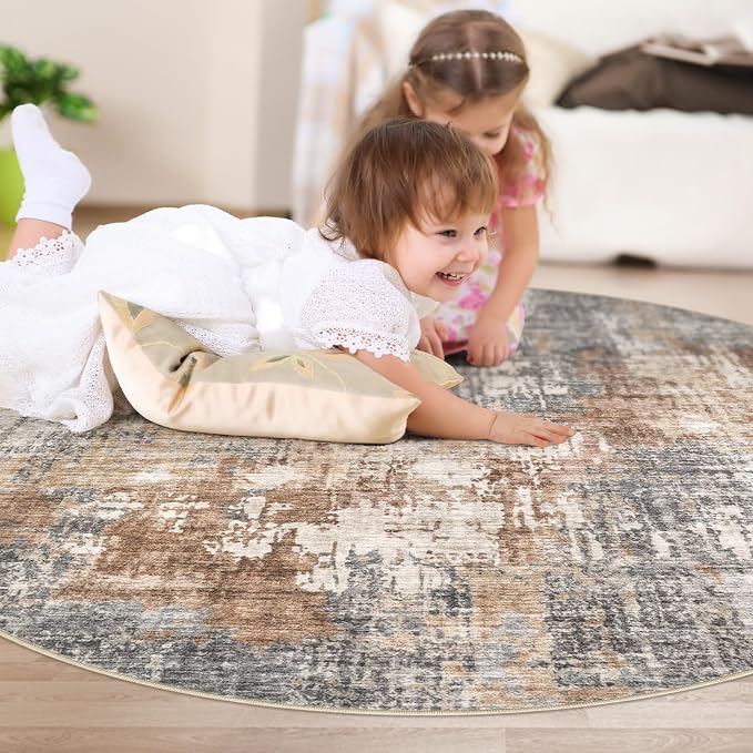 DMOYEST 6ft Round Area Rug Living Room Rugs - 6x6 Washable Large Soft Indoor Neutral Modern Abstract Low Pile Rug Carpet for Bedroom Dining Room Farmhouse Home Office - Grey Brown