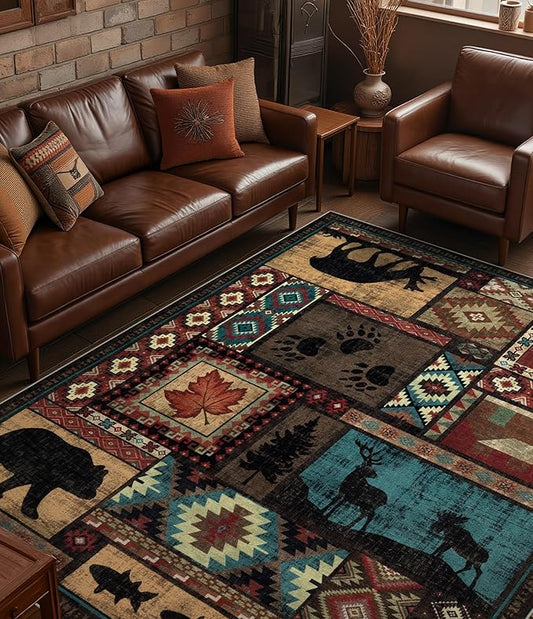 YIHOUSE Rustic Cabin Area Rug 8x10,Machine Washable Lodge Bear Rug,Non-Slip Low Pile Print Pattern Southwestern Rug for Living Room Bedroom