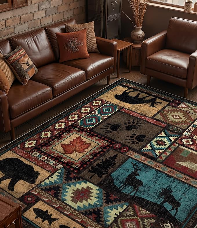 YIHOUSE Rustic Cabin Area Rug 8x10,Machine Washable Lodge Bear Rug,Non-Slip Low Pile Print Pattern Southwestern Rug for Living Room Bedroom