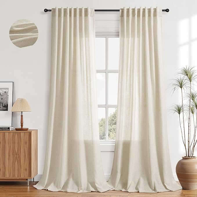Aersas Birch Beige Linen Curtains 120 Inches Length for Living Room Flax Texture Wave Fabric Semi Sheer with Rod Pocket Back Tab for Bedroom Balcony Light Filtering Neutral Home Decor 52x120