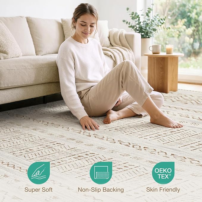 cotiled 7x9 Area Rugs Living Room Rug: Washable Boho Rugs with Non Slip Backing Large Soft Indoor Stain Resistant Carpet for Bedroom Farmhouse Dining Room Lightweight Home Decor Brown/Cream