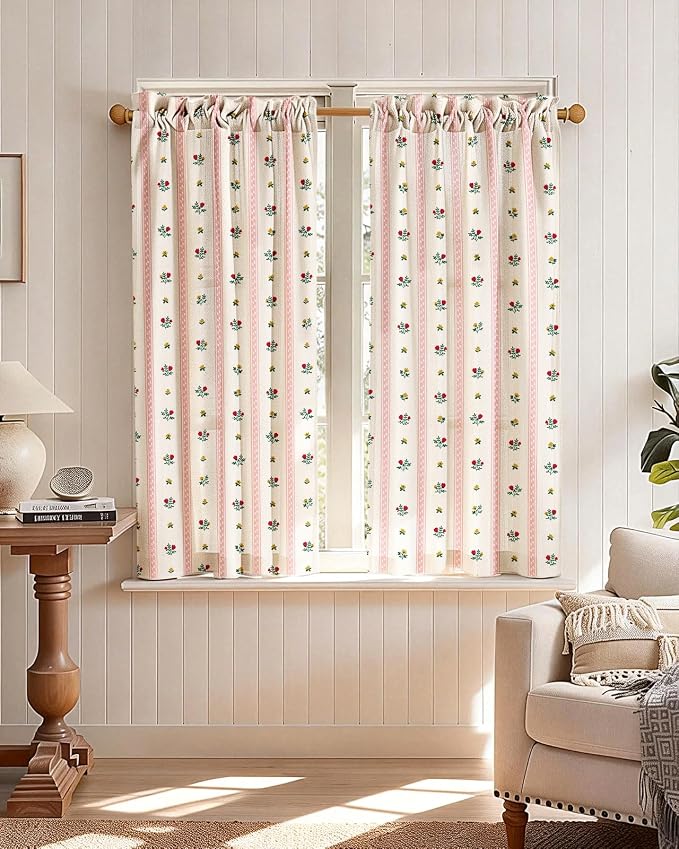 Miss Adola Farmhouse Kitchen Tier Curtains - 45 Inch Length Linen Blend Boho Floral Cafe Curtains Stripe Small Window Treatments Over Sink Rod Pocket for Bathroom Living Room Light Filtering, 2 Panels