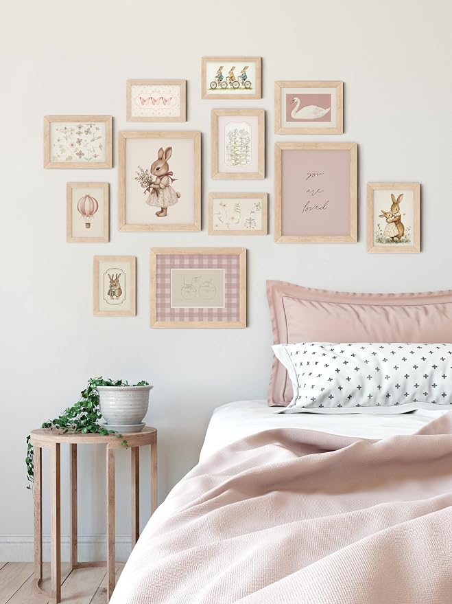 TwoDays Vintage Nursery Decor for Baby Girls, Pink Rabbit Bunny Wall Art for Toddler Kids Playroom, Swan Animals Posters for Bedroom (Multi Sizes, Set of 12, 8 × 10 Largest, Wooden Framed)
