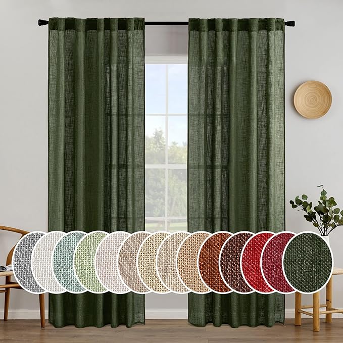 MIULEE Olive Green Linen Curtains 84 Inch Length for Bedroom Living Room, Soft Thick Linen Textured Window Drapes Semi Sheer Light Filtering Back Tab Rod Pocket Burlap Look Christmas Decor, 2 Panels