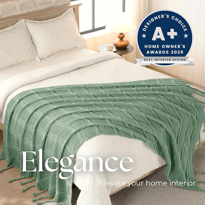 Boho Knitted Chenille Blanket with Tassels - Lightweight & Soft All-Season Throw - 3D Classic Pattern for Living Room Bedroom Couch, Sage Green, Queen 90"x90"