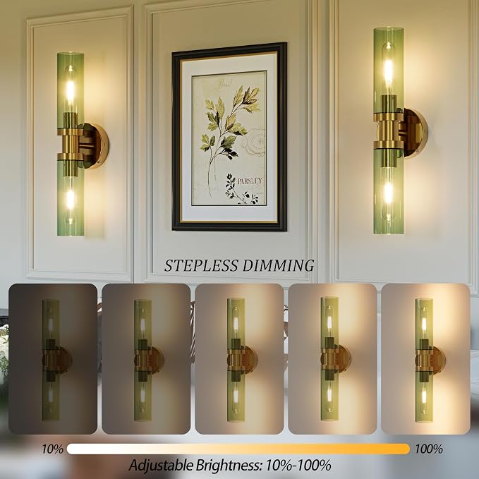 Rayogale Gold Wireless Battery Operated Wall Sconce with Remote Control | Dimmable Rechargeable Wall Lights Set of 2, Timer, No Hardwire, Touch, 8000mAh, 3000K, Green Glass, Emergency, 16.5 Inch