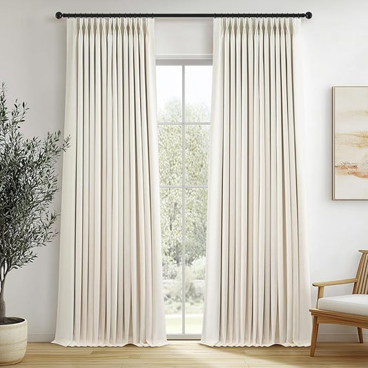 100 Inches Long 100% Blackout Brich Linen Curtains,Farmhouse Pinch Pleated Noise Cancelling Curtains with Pin Hooks for Traverse Rods, Burlap Viral Drapes 2 Panels for Living Room Master Bedroom
