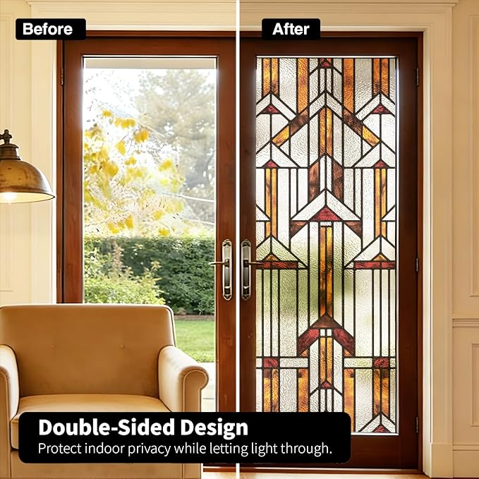 Faux Stained Glass Window Film, Decorative Window Privacy Film for Front Door Sliding Door Glass Film Decor Inspired by Frank Lloyd Wright, 29.53" x68.9" Hollyhock House, Boho