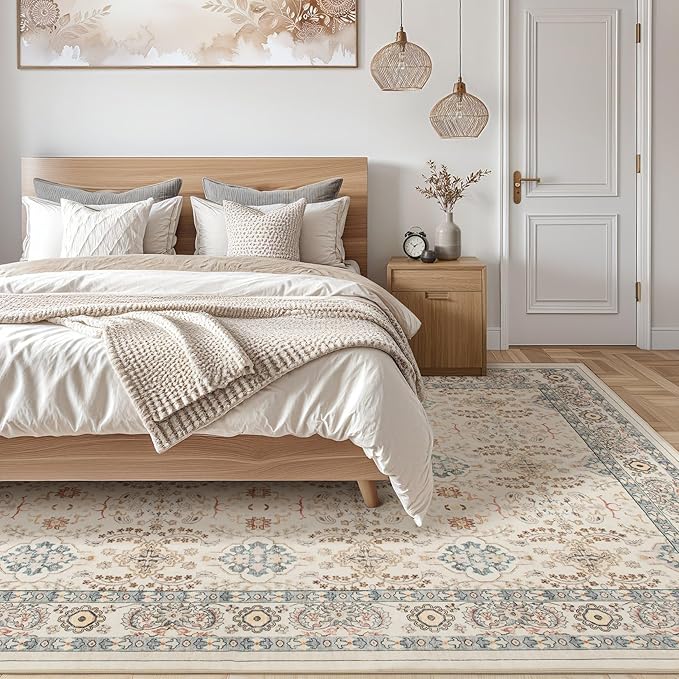 Vintage Living Room Area Rug 7x9 - Large Soft Washable Oriental Traditional Distressed Farmhouse Rugs for Bedroom - Indoor Floor Accent Carpet for Home Office House Decor - Multi