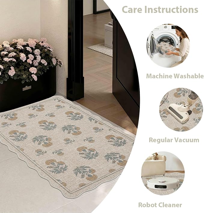 ORTIGIA Scalloped Easy Jute 2x3 Area Rug Vintage Yellow Floral Farmhouse Washable Rug Non-Slip Indoor Outdoor Carpet for Living Room Bedroom Kitchen Patio Entryway
