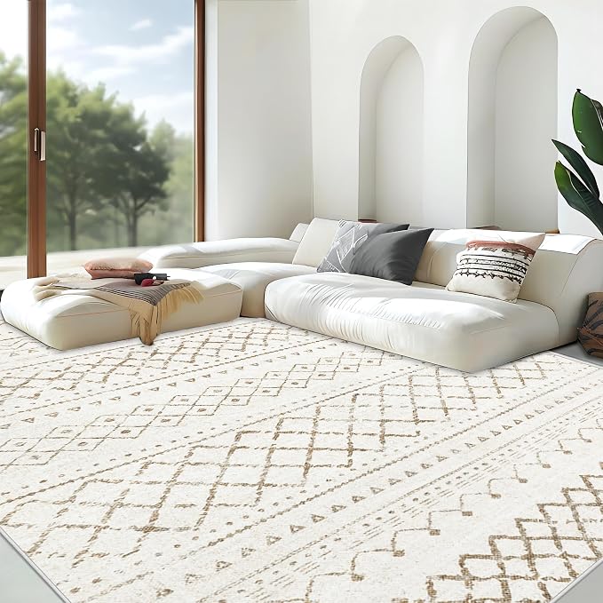 Area Rug Living Room Rugs 8x10 - Large Soft Boho Geometric Rug, Non-Slip Foldable Washable Rugs Non Shedding Morden Indoor Floor Carpet for Living Bedroom Office Dining Room (Brown,8' x 10')