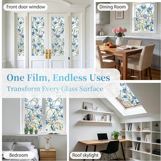 Finnez Window Privacy Film 3D Static Cling Window Film with Rainbow Effect, No Glue Heat Control & 99% UV Blocking for Home Office, Decorative Glass Cover 35.4" x 6.5'
